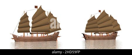 Zwei orientalische Junks auf dem Wasser - 3D Render Stockfoto