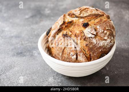 Sauerteig-Fruchtbrot mit getrockneten Aprikosen, Preiselbeeren und Haselnüssen. Stockfoto