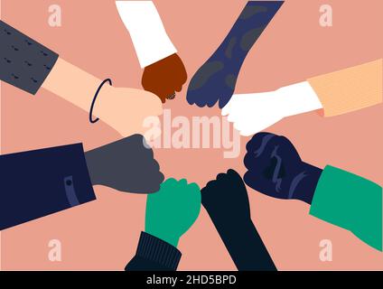Flache Illustration über Freundschaft, Verbundenheit, Vielfalt, Inklusion und Zweisamkeit. Alle Hände zusammen, um Einheit und Vielfalt zu repräsentieren. Stock Vektor