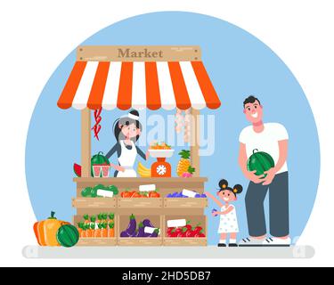 Frisches Gemüse und Obst Markt mit dem Verkäufer. Vater und Tochter kaufen Lebensmittel. Vektorgrafik in einem flachen Stil. Stock Vektor