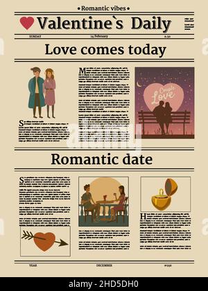 Valentine s day Zeitung, Titel Überschrift, unlesbarer Text, retro. Vektorgrafik Vintage Stock Vektor