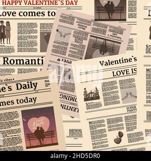 Zeitung zum Valentinstag mit nahtlosem Muster. Hintergrund mit Titelkopf, unlesbarer Text, Retro. Vektorgrafik Vintage Stock Vektor