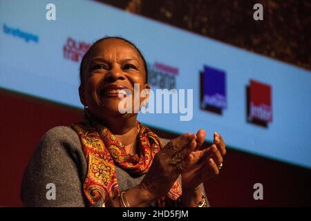 Christiane Marie Taubira ist eine französische Politikerin, die von 2012 bis 2016 unter Präsident François Hollande als Justizministerin Frankreichs in der Regierung von Premierminister Jean-Marc Ayrault fungierte. Frankreich. Stockfoto