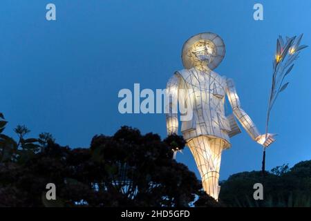 Die beleuchtete Figur eines edwardianischen Pflanzenjägers aus Papier und Withies wurde im Rahmen des Trebah Garden of Light Events in Cornwall gezeigt. Stockfoto