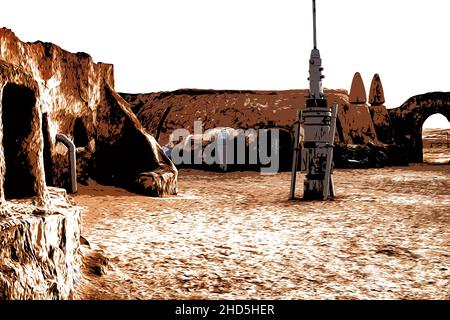 Abbildung. Tunesien. Verlassene Landschaft des Planeten Tatooine für die Dreharbeiten zu Star Wars in der Sahara Stockfoto