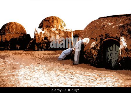 Abbildung. Tunesien. Verlassene Landschaft des Planeten Tatooine für die Dreharbeiten zu Star Wars in der Sahara Stockfoto