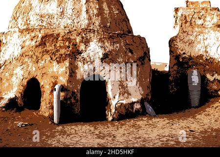 Illustration verlassene Landschaft des Planeten Tatooine für die Dreharbeiten zu Star Wars in der Sahara Stockfoto