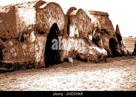 Illustration verlassene Landschaft des Planeten Tatooine für die Dreharbeiten zu Star Wars in der Sahara Stockfoto