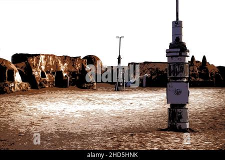 Abbildung. Tunesien. Verlassene Landschaft des Planeten Tatooine für die Dreharbeiten zu Star Wars in der Sahara Stockfoto