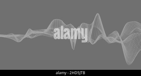 Abstrakte Drahtgitarrewellenform auf grauem Hintergrund, Visualisierung von Schallwellen oder akustisches Konzept Stockfoto