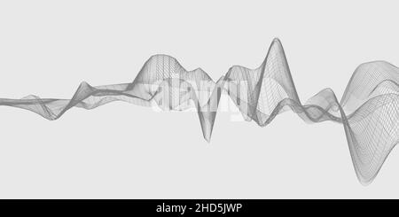 Abstrakte Drahtgitarrewellenform auf grauem Hintergrund, Visualisierung von Schallwellen oder akustisches Konzept Stockfoto