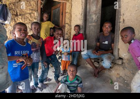 Pemba Island, Sansibar, Tansania - Januar 2020 : Junge fröhliche afrikanische Kinder in einem abgelegenen Dorf in der Nähe ihres einfachen Armenheims. Stockfoto