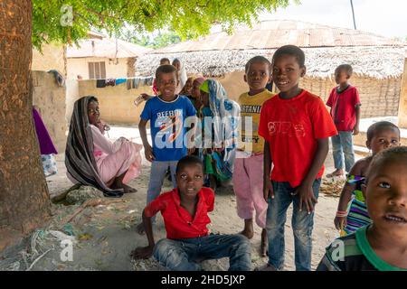 Pemba Island, Sansibar, Tansania - Januar 2020 : Junge fröhliche afrikanische Kinder in einem abgelegenen Dorf in der Nähe ihres einfachen Armenheims. Stockfoto