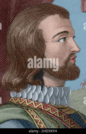 Johannes I. von Kastilien (1358-1390). König von Kastilien von 1379 bis 1390. Porträt, Detail. Stich von Antonio Roca. Spätere Färbung. Las Glorias Nacionales, 1853. Autor: Antonio Roca Sallent (1813-1864). Spanischer Gravierer. Stockfoto