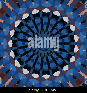 Ein 3D gerendertes, nahtloses kaleidoskopisches Muster mit farbenfrohen geometrischen Formen Stockfoto