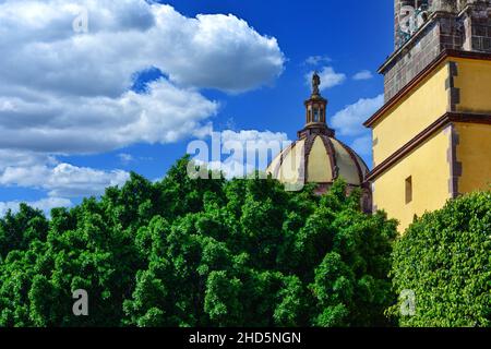 Die Kuppel erhebt sich über den Baumwipfeln zusammen mit dem Glockenturm des Klosters der Unbefleckten Empfängnis in San Miguel de Allende, Mexiko Stockfoto