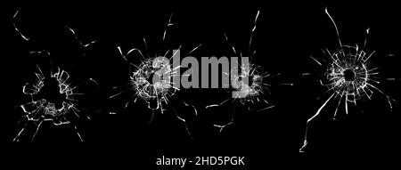 Collage von Texturen mit der Wirkung von zerbrochenem Glas. Abstraktion von Rissen am Fenster. Set von 4 Fotos isoliert auf schwarzem Hintergrund. Stockfoto