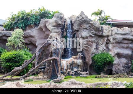 Ein kleiner dekorativer Wasserfall im Garten. Landschaftsdesign Stockfoto