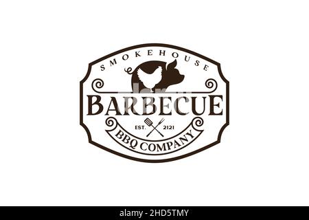 Vintage Retro rustikaler BBQ Grill, Grill, Barbeque Label Stamp Logo Design Stock Vektor
