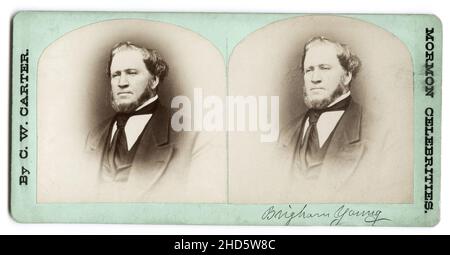 Stereobild aus dem 19th. Jahrhundert, Stereokard-Foto: Brigham Young, Salt Lake City Utah, um 1860, von C.W. Carter Studio Stockfoto