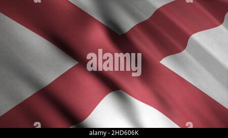 Nahaufnahme der schwingenden Flagge von Alabama, einem der Staaten von Amerika, nahtlose Schleife. Abstrakte Fahnenstoff-Textur mit Welligkeit. Stockfoto