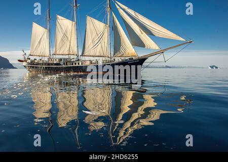 Rembrandt van Rijn lockt mit Brash Ice vor die dänische Insel, Scoresby Sund, Ostgrönland Stockfoto