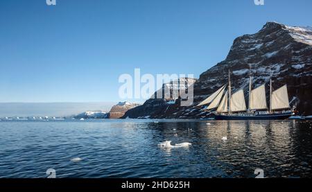 Rembrandt van Rijn fährt durch das Eis vor Kap Stevenson und der Küste von Volquard van Kyst, Scoresby Sund, Ostgrönland Stockfoto