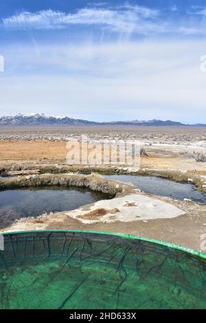 Die Spencer Hot Springs in der Nähe von Austin, Nevada, liegen an der Seite eines spektakulären Tals, umgeben von BLM-Land und mit Blick auf die Toiyabe Mountains. Stockfoto