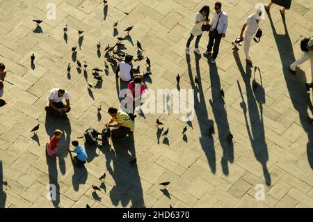 Touristen, die am frühen Morgen auf dem Markusplatz in Venedig mit Tauben spielen Stockfoto