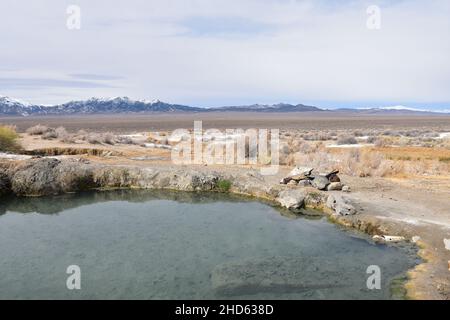 Die Spencer Hot Springs in der Nähe von Austin, Nevada, liegen an der Seite eines spektakulären Tals, umgeben von BLM-Land und mit Blick auf die Toiyabe Mountains. Stockfoto