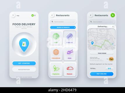 Schnittstelle für Neumorphische Anwendungen für die Bestellung und Lieferung von Lebensmitteln. Vektor-ui, ux oder gui der mobilen App Touchscreen von Fast-Food-Restaurant oder Café Online-Bestellung Stock Vektor