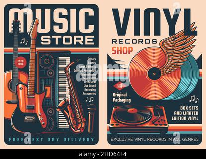 Vinylplatten und Retro-Poster im Musikgeschäft. Vintage Musik Schallplatten Shop, Musikinstrumente und Ausrüstung speichern Vektor-Banner mit Gitarren, MIDI-Schlüssel Stock Vektor