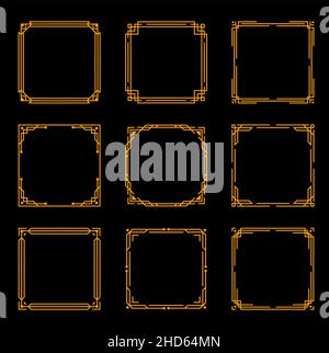 Vintage-Rahmen im Art déco-Stil und Bordüren mit goldenen Linien-Ornamenten auf schwarzem Hintergrund. Elegante geometrische Vektorrahmen mit dekorativen Ecken und Rand l Stock Vektor