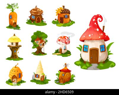 Cartoon Märchen Häuser und Wohnung. GNOME Vector Fantasy isolierte Gebäude, Pflanzen, Gemüse, Bienenstock und Baum. Feen, Meerjungfrau oder Elfen süße Häuser Stock Vektor