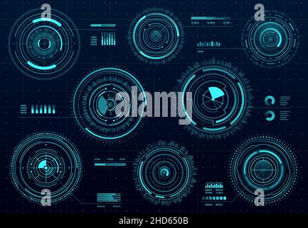 Circle futuristisches HUD-Dashboard mit digitaler Schnittstelle für den Datenbildschirm. Vector Sci-Fi Fadenkreuz zielt Steuerung, Ziel runde Rahmen. Militärische optische Zielausrichtung, neo Stock Vektor