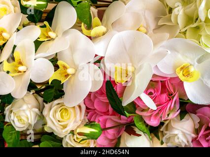Orchideenblumen, Rosen und andere Blumen, Draufsicht auf frischen Strauß mit weißen Orchideen. Schönes Muster mit schönen Blumen. Natur, Liebe, Hochzeit, gif Stockfoto