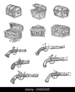 Vintage isoliert Piratenbrust und Musket gun Vektor Skizzen. Handgezeichnete Schatzkisten oder Schachteln voller Goldmünzen und Schmuck mit Schlössern, ol Stock Vektor