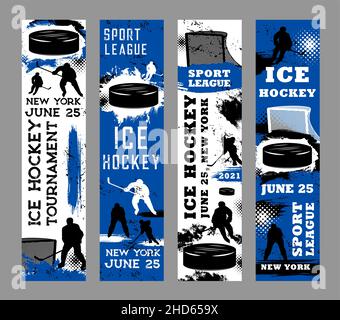 Eishockey Sport Grunge Banner der Spieler Vektor Silhouetten auf der Eisbahn mit Hockey Pucks, Stöcke und Tore, Schlittschuhe, einheitliche Helme. Sportliga t Stock Vektor