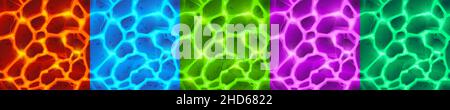 Texturen von gefärbter flüssiger Lava mit Steinen für den Spielhintergrund. Vektor-Cartoon nahtlose Muster der Draufsicht auf heiße geschmolzene Magma Oberfläche, fließt Magie verschiedene Farben in Felsrissen Stock Vektor