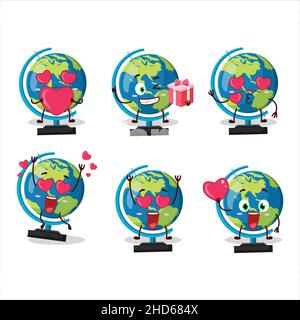 Globe Ball Zeichentrickfigur mit Liebe niedlichen Emoticon. Vektorgrafik Stock Vektor