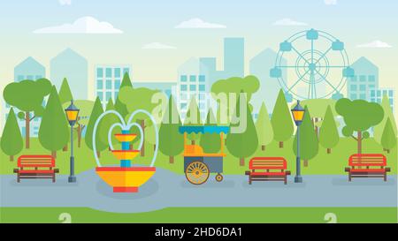 Stadtpark flache Zusammensetzung mit Gehweg und Laternen roten Bänken Brunnen und Street Food Bäume Vektor-Illustration Stock Vektor