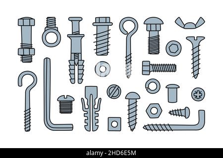 Von Hand gezogene Schraube, Schrauben, Befestigungselemente. Schrauben, Schrauben, Muttern, Dübel und Nieten im Doodle-Stil. Handgezeichnetes Baumaterial. Vektordarstellung isoliert Stock Vektor