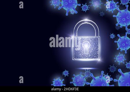 Schloss und Viren, leuchtende Neonlichter, Vektorgrafik. Sicherheit, Schutz. Poster zum Sperren von Coronaviren. Stock Vektor