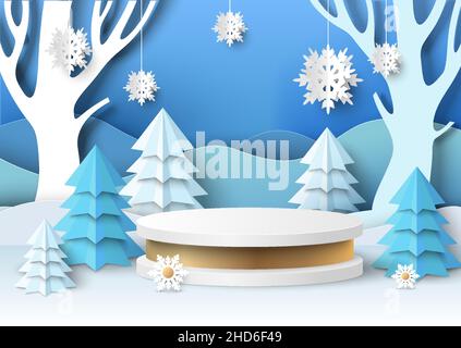 Podium-Mockup, papiergeschnittene Winterwaldlandschaft, Vektorgrafik anzeigen. Saison Verkauf, Geschenk, kosmetische Produkt promo Stock Vektor