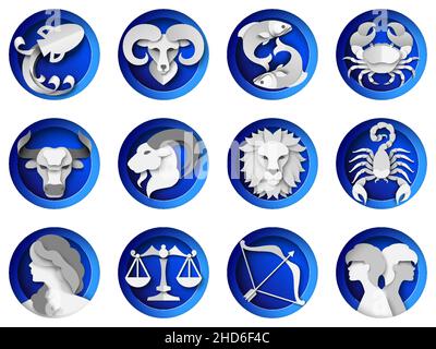 Tierkreiszeichen, Horoskopsymbole, Vektorpapier geschnittene Illustration. Zwölf Zeichen der Astrologie. Astrologische Vorhersagen. Stock Vektor