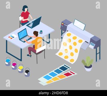 Werbebanner, isometrische Vektordarstellung. Arbeiter in der Druckerei, Ausrüstung. Druckerei, Dienstleistungen in der Druckerei. Stock Vektor