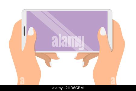 Weibliche Hände halten Smartphone, flache Vektor-Illustration. Hände, die mit dem horizontalen Modell des Mobiltelefons interagieren. Stock Vektor