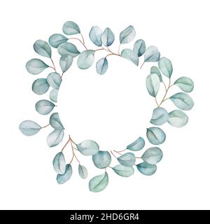 Runder Rahmen mit floralem Eukalyptus. Silbrig grüne Blätter Cliparts isoliert auf weiß. Aquarell-Illustration für Ihr Design Stockfoto