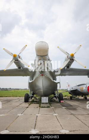 KIEW, UKRAINE - 01. AUGUST 2021: Die ukrainische Marine Beriev Be-12 wurde im Oleg Antonov State Aviation Museum ausgestellt Stockfoto