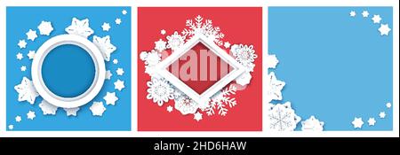 Winter Social Media Story, Post, Banner, Poster Vektorvorlagen. Winter Hintergründe, Rahmen mit Papier geschnitten Schneeflocken. Stock Vektor